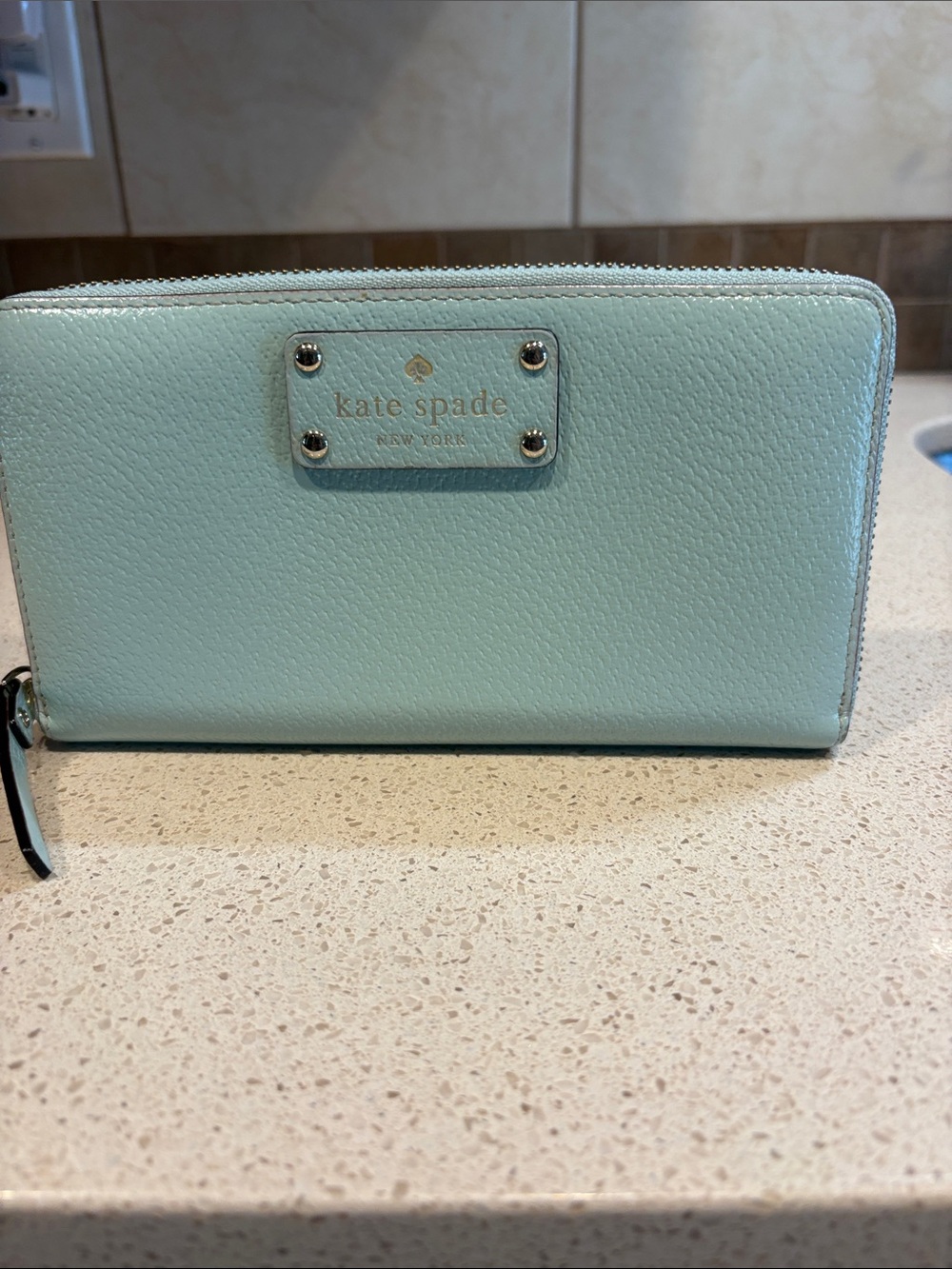 kate spade Wellesley Layton Mint Green Pebbled Leather Zip Wallet EUC